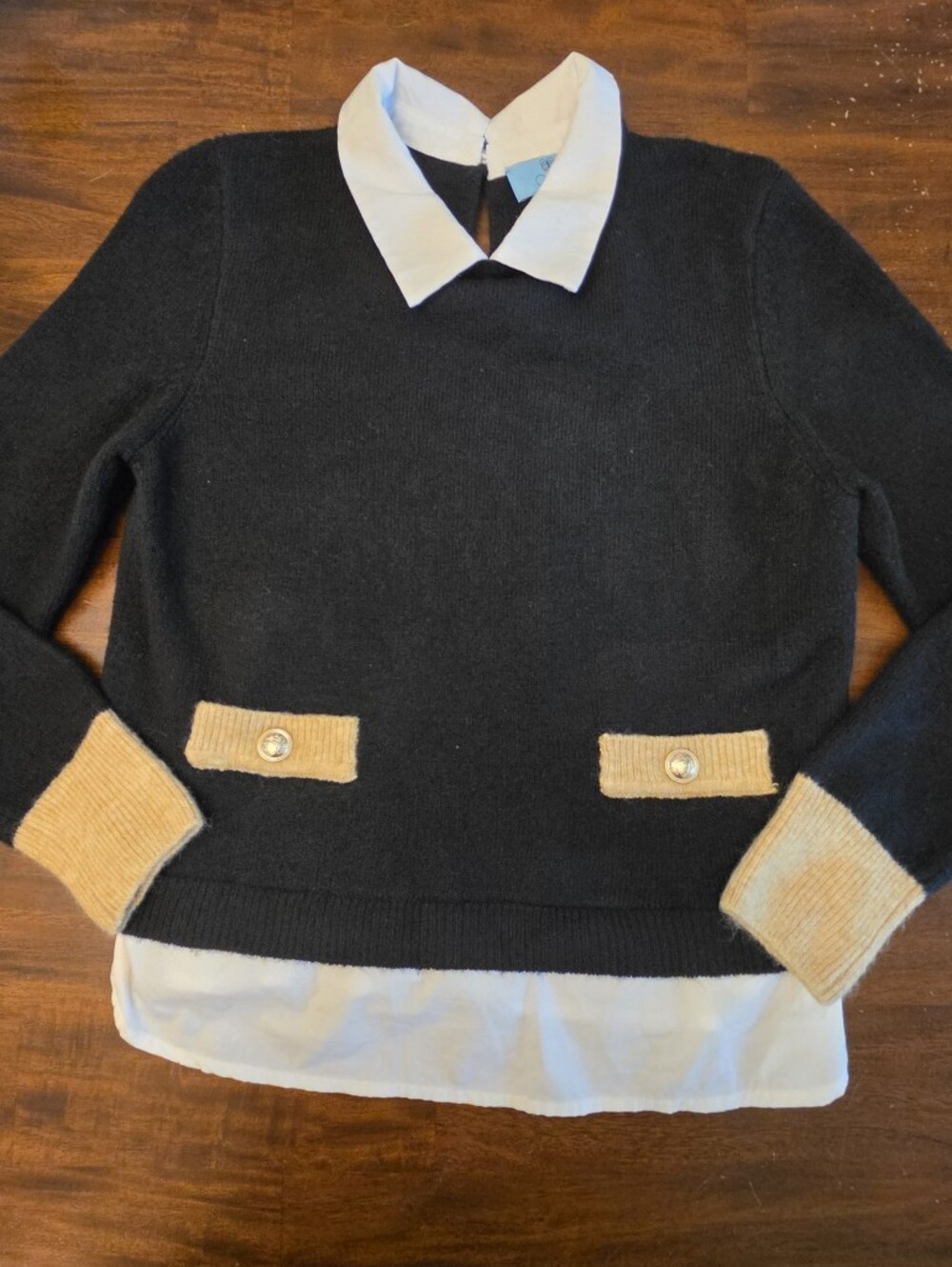 CeCe Twofer Collared Sweater Knit Long Sleeve Top with Pocket Details